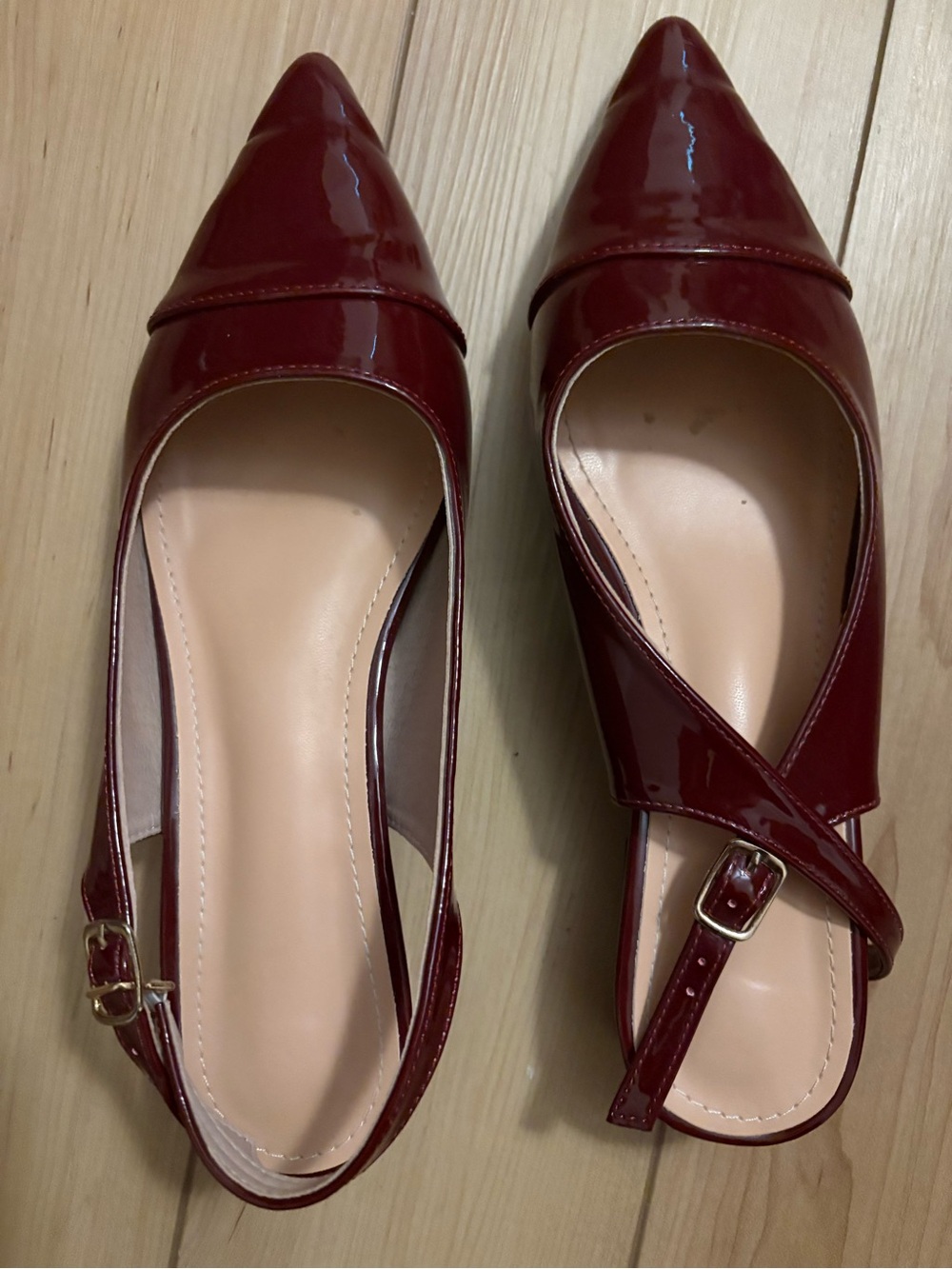 Patent Leather Pointed-Toe Slingback Flats in Burgundy